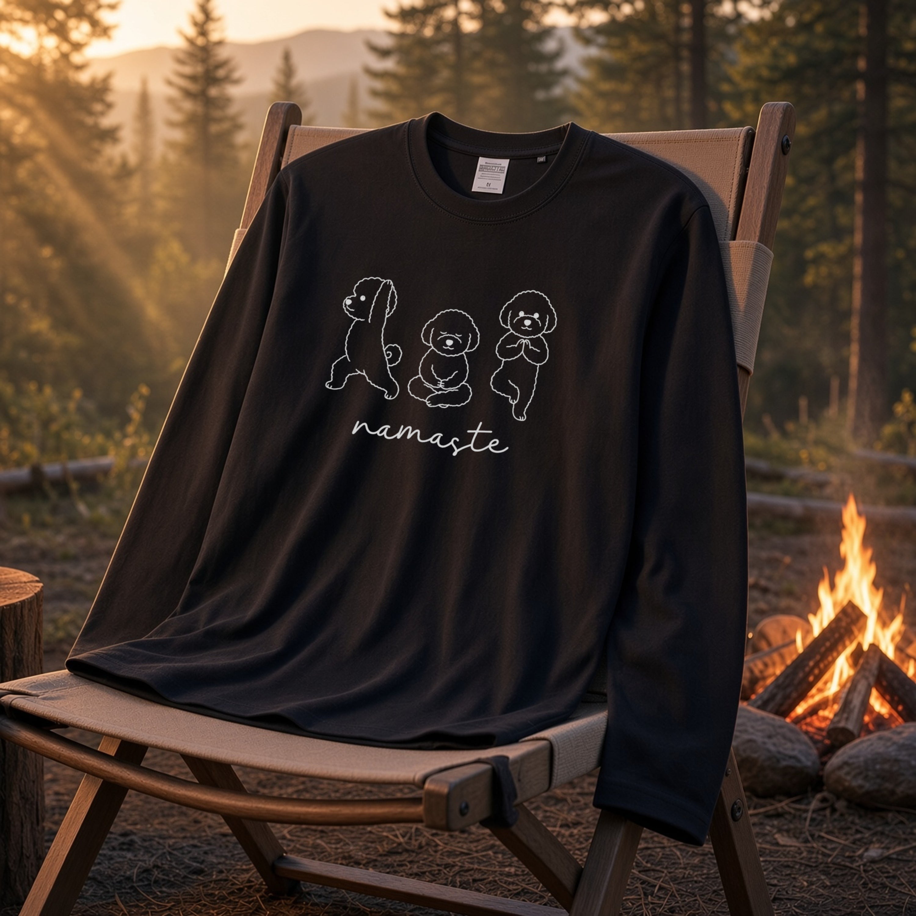BICHON NAMASTE | ビションフリーゼ 犬 ヨガ 瞑想 イラスト かわいい ワンポイント 長袖Tシャツ【犬好き・ルームウェア・カジュアル・ギフト】